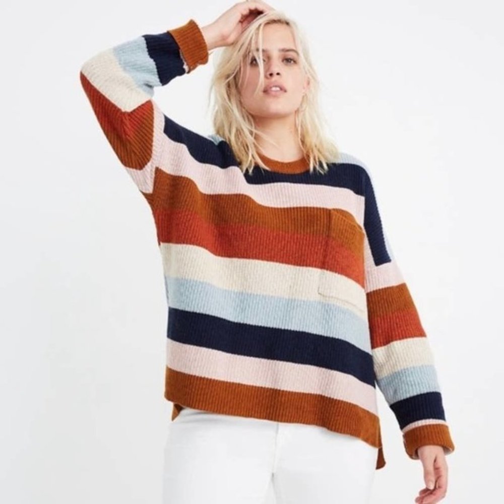 Madewell Thompson Pocket Pullover Crew Knit Sweater Rainbow Stripe Size Medium